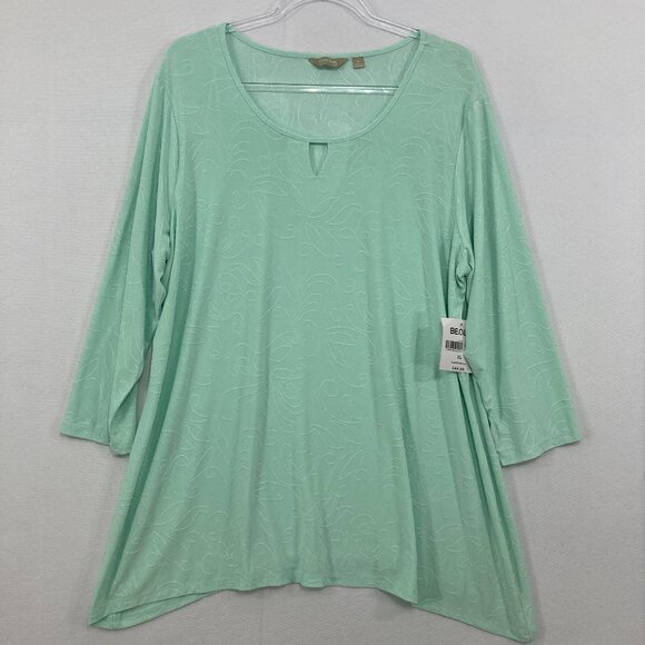 New Coral Bay size XL Blue Stretch Knit Textured 3/4 Sleeve Blouse Elegant - Picture 1 of 9